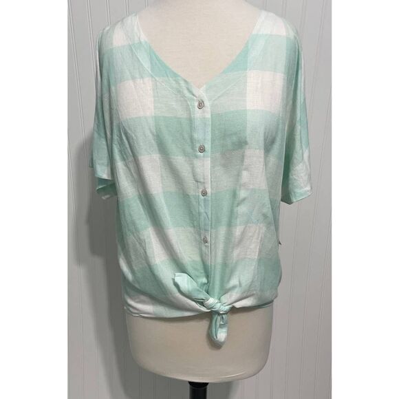 Style & Co. Gingham Tie Front Short Sleeve Button Up Linen Top Mint White Medium - Picture 6 of 12
